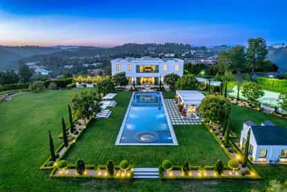 Aerial view of 2100 Stratford Circle luxury estate with pool